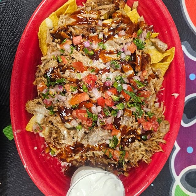 Pulled pork BBQ nachos.